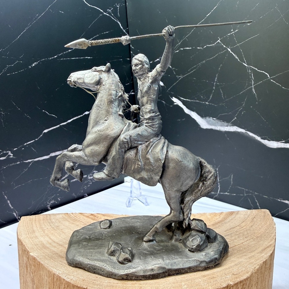 Native American Warrior on Rearing Horse Pewter Sculpture Statue with Spear